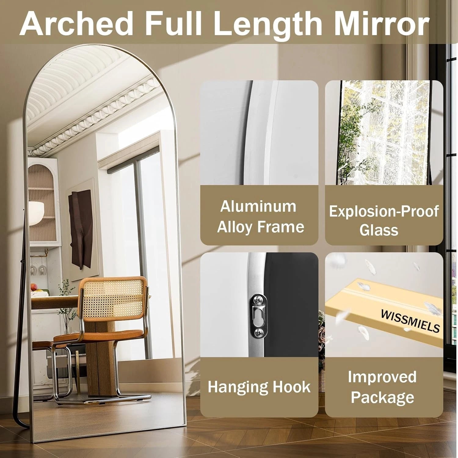 57"x20" Arched Full Length Mirror - Wall Mounted/Floor Mirror Full Body Mirrors 07FC0E-D4 - KOEEK