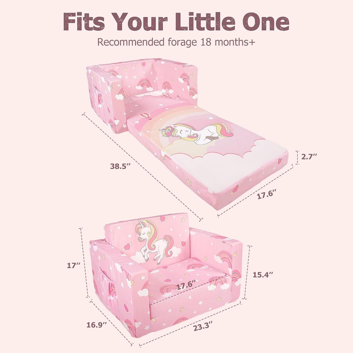 new Kids Couch, 2-in-1 Toddler Sofa Fold Out, Soft Chair for Pink Unicorn 07FC0E-D4 - KOEEK
