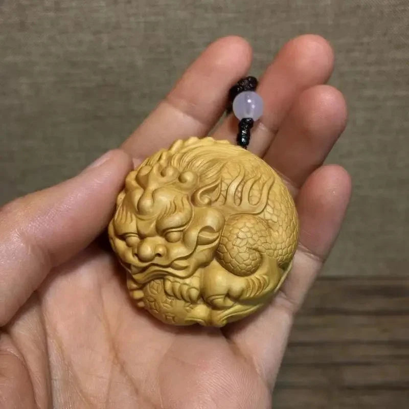 4.5cm Cypress Hand Carved Luck PI Xiu Pendant Fortune Amulet Transship Keychain 07FC0E-D4 - KOEEK