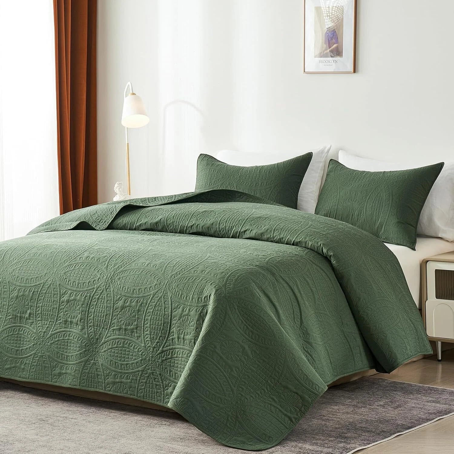 Queen Quilt Bedding Set,Olive Green Ultrasonic Full/Queen Quilt Set,Lightweight 07FC0E-D4 - KOEEK