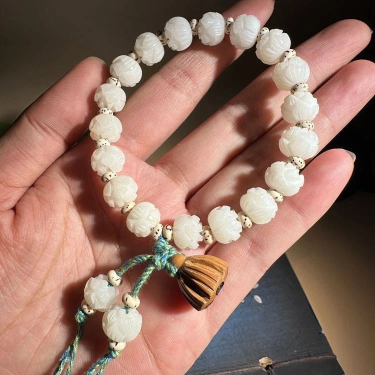 Handmade Meditation Jewelry Bodhi Root Lotus Carved Buddhist Prayer Beads 07FC0E-D4 - KOEEK