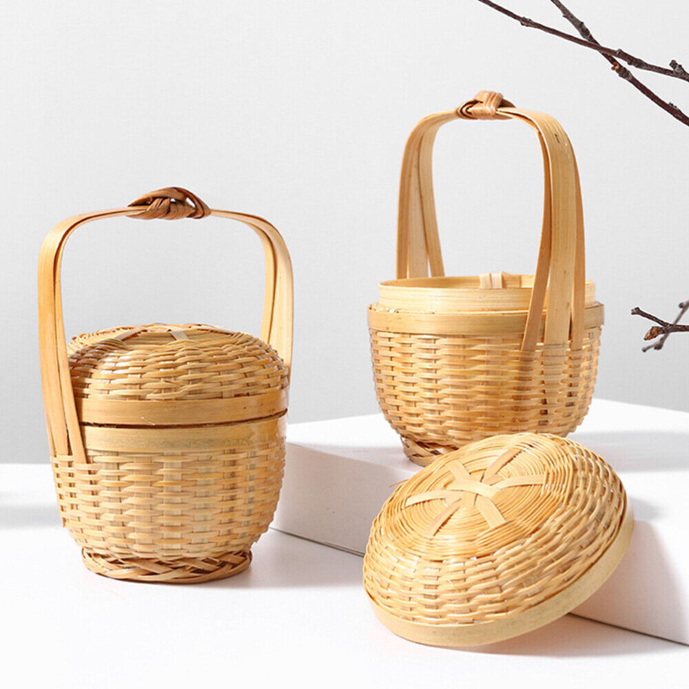 ny Bamboo Mini Basket Desktop Oppbevaring Vevde Kurver for med Lokk Portable