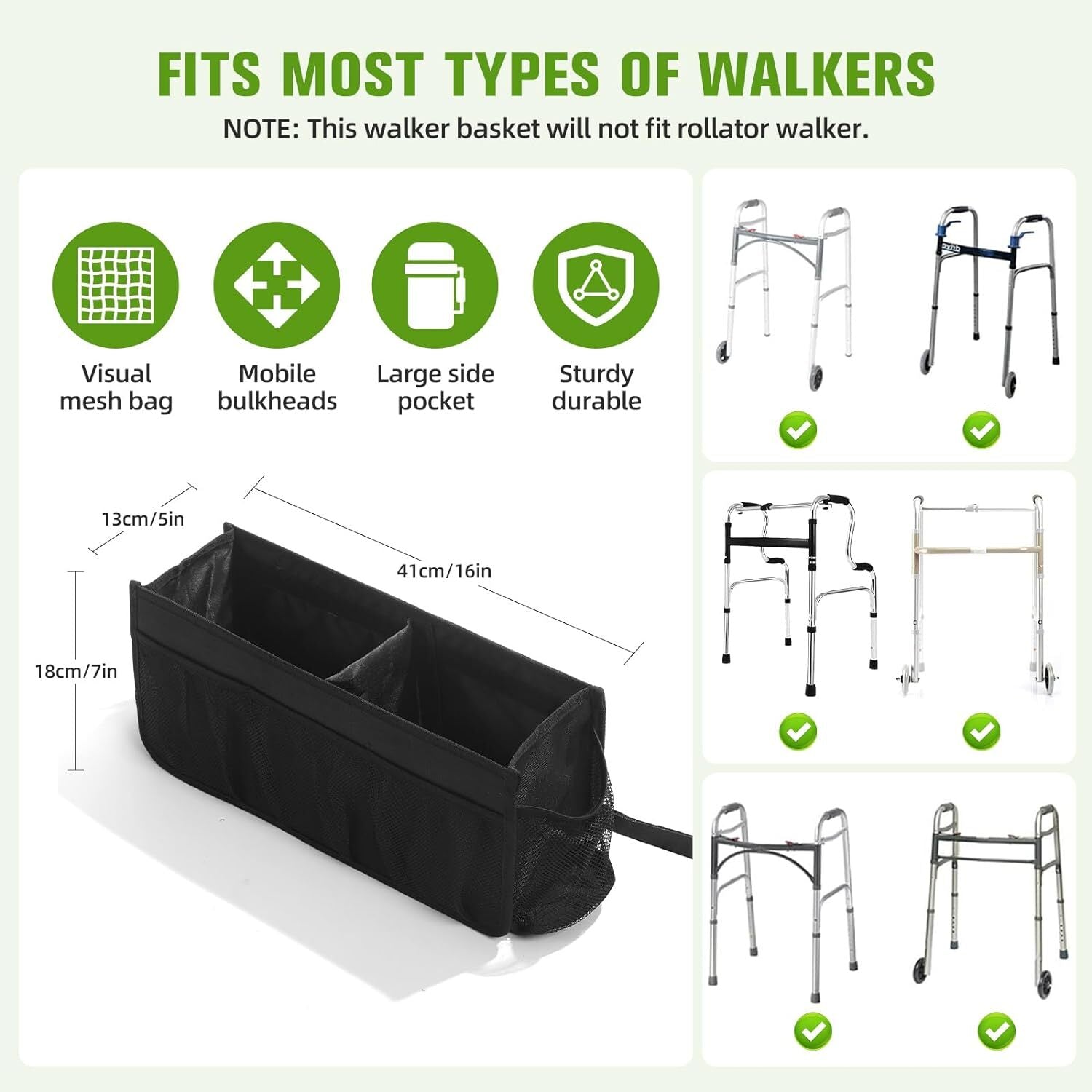 new Upgrade Walker Basket with Cup Holder, Foldable Storage Bag for Black