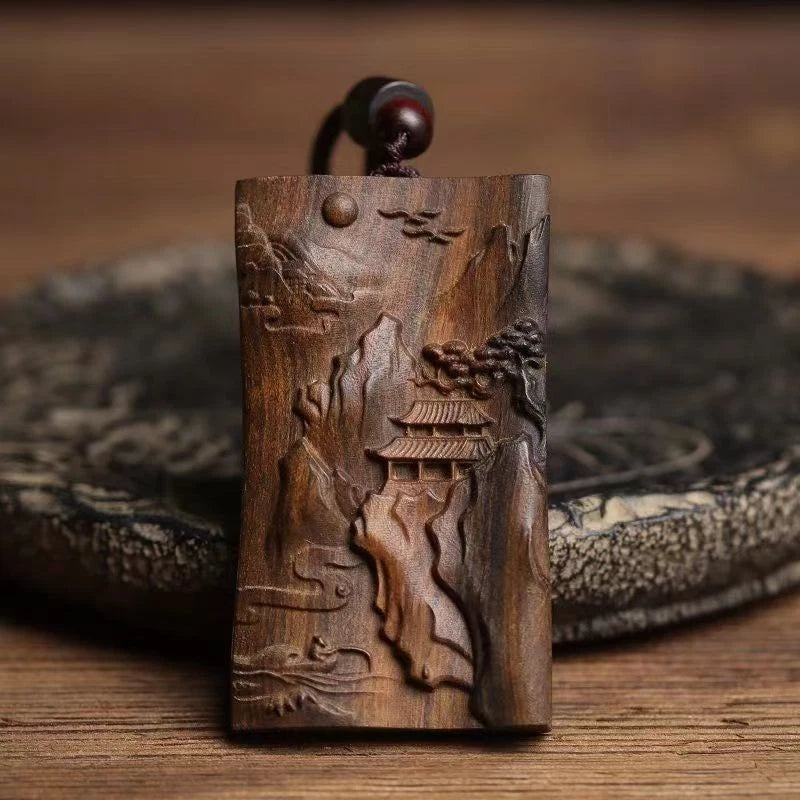 Natural Borneo Agarwood Pendant Landscape Carving Peace Necklace Charm 07FC0E-D4 - KOEEK