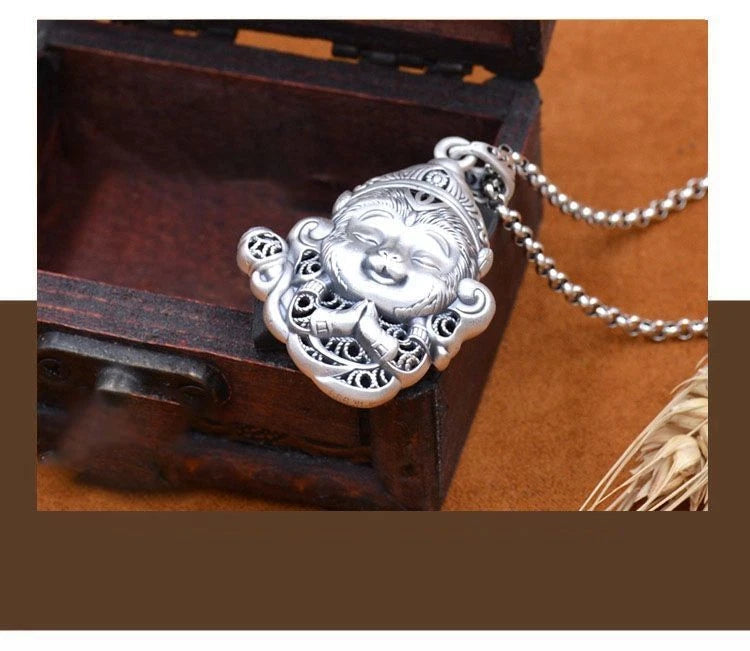 Wukong Qi Tian Da Sheng Sweater Chain Long Pendant Silver Plated Necklace 07FC0E-D4 - KOEEK