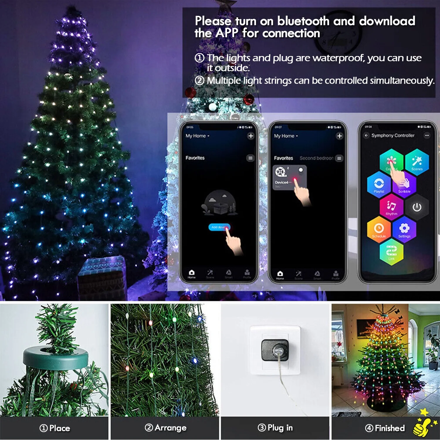 Christmas Tree String Lights Decorations with Ring Smart APP, 200 LED Waterfall 07FC0E-D4 - KOEEK