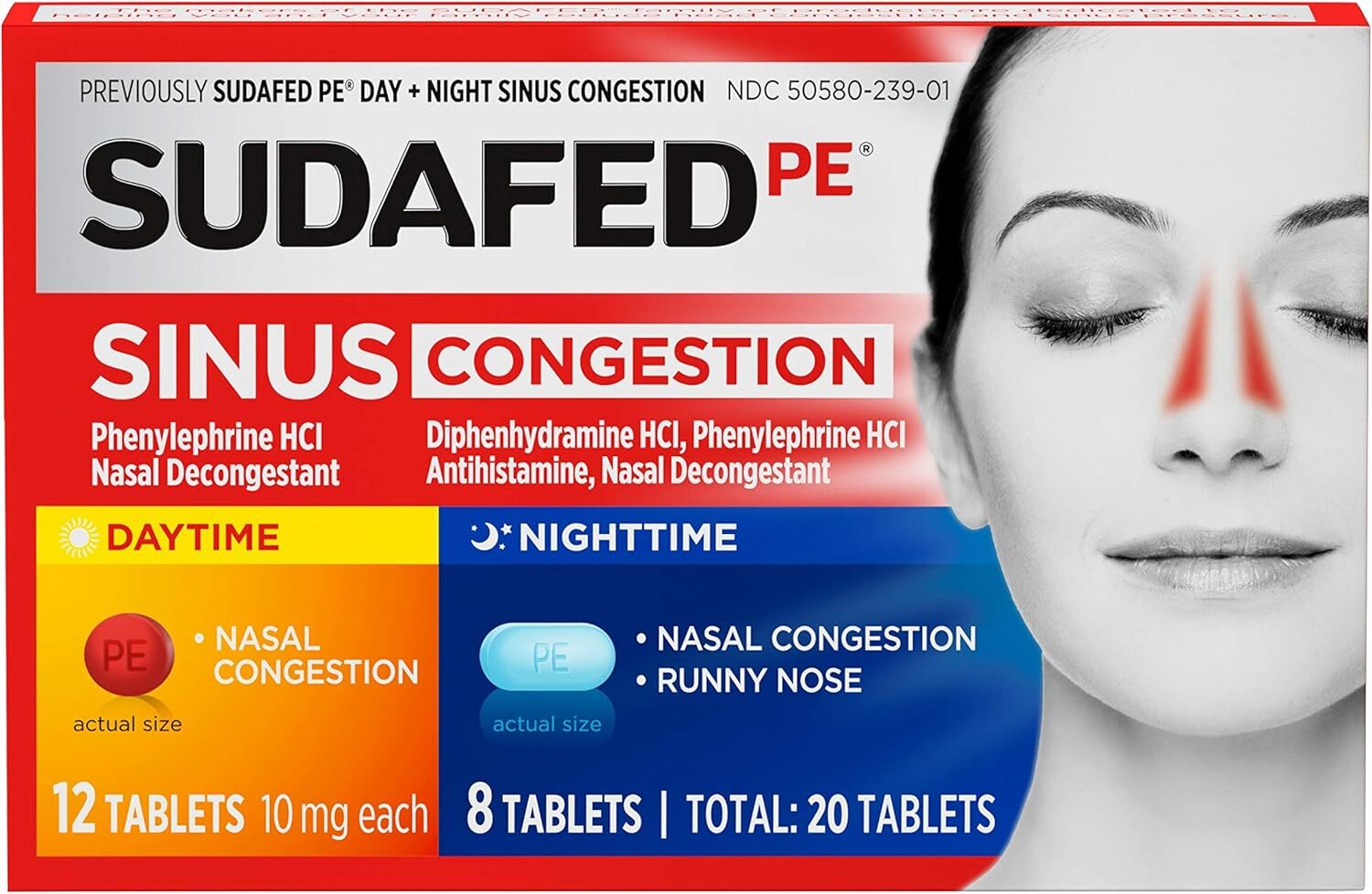 new Sudafed PE Day and Night Sinus Pressure & Congestion Tablets, 20 Count