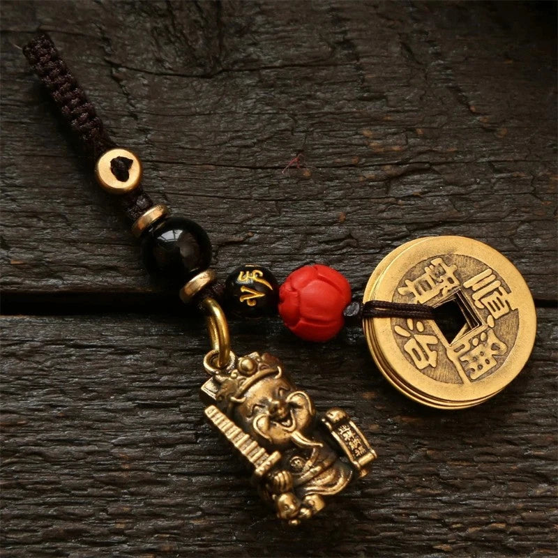 Vintage Brass Wealth God Keychain Amulet Handmade Braided Rope  Pendant 07FC0E-D4 - KOEEK