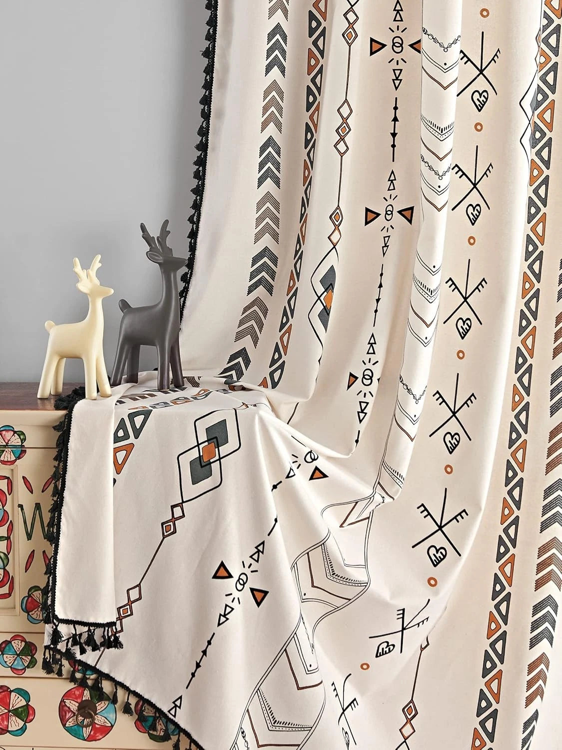 Boho Curtains Bohemian Window Treatments with Tassels Fringe & Geometric Print 07FC0E-D4 - KOEEK