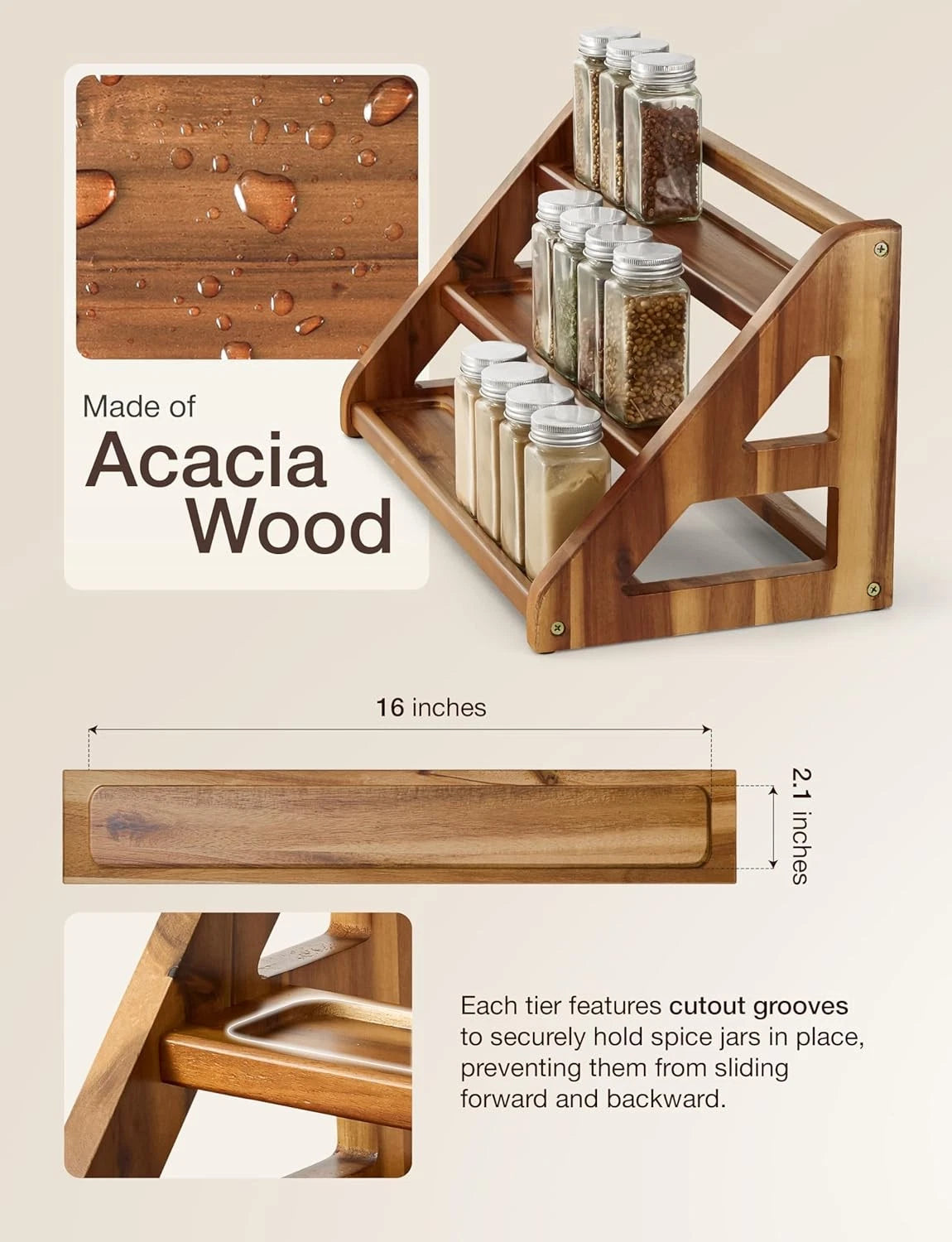 Acacia Wood Spice Rack for Countertop - Wooden Tray Holds 24 Jars Spice Racks 07FC0E-D4 - KOEEK
