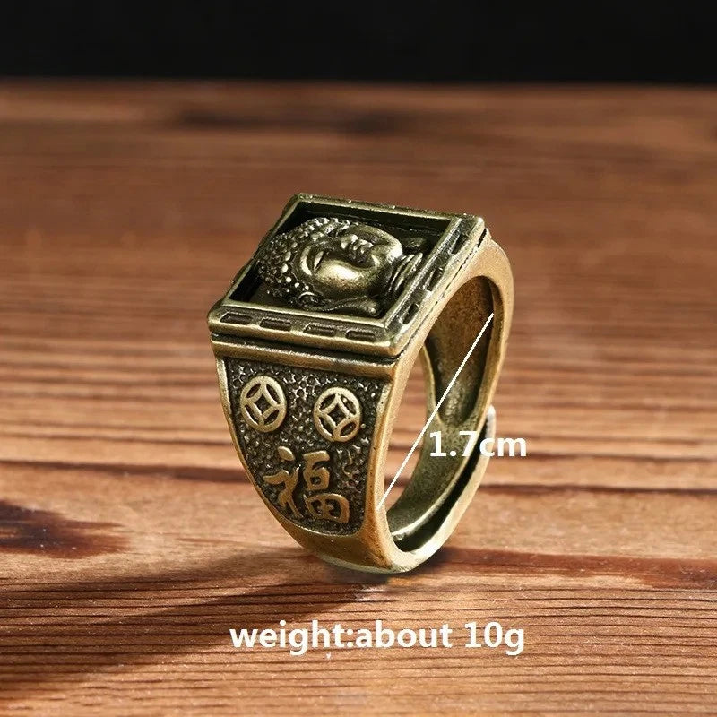 Retro Brass Sakyamuni Buddha Heads Ring Hand-carved Finger Ring Buddhism Rings 07FC0E-D4 - KOEEK