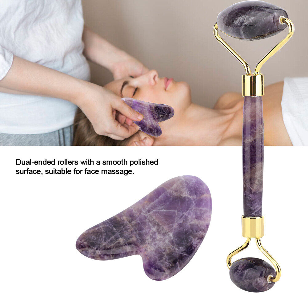 new Amethyst Double Head Jade Stone Roller & Guasha Scrapping Plate Massage Kit HGF koeek - KOEEK