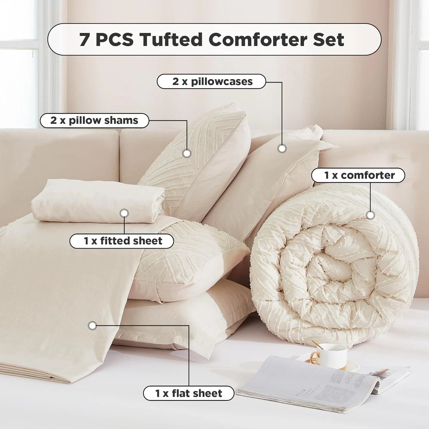 King Beige Pocket Bed - 7 Piece, Tufted Lightweight Fluffy Bed Set 07FC0E-D4 - KOEEK
