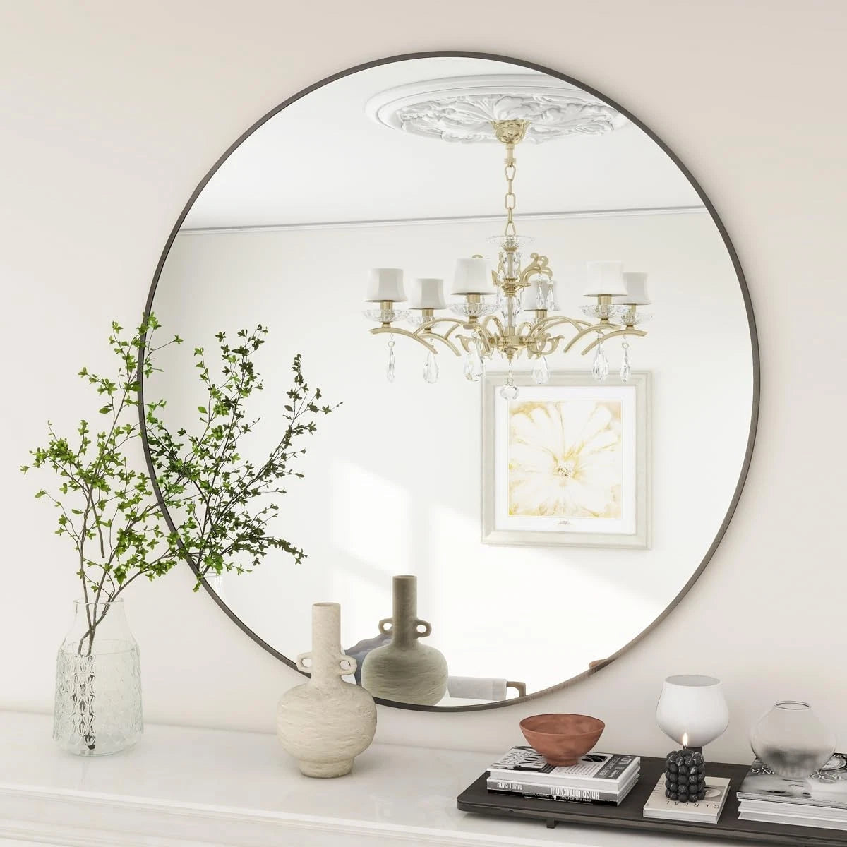 20 Inch Round Mirror, Metal Frame Circle Mirror, Wall Mounted for Entryway 07FC0E-D4 - KOEEK