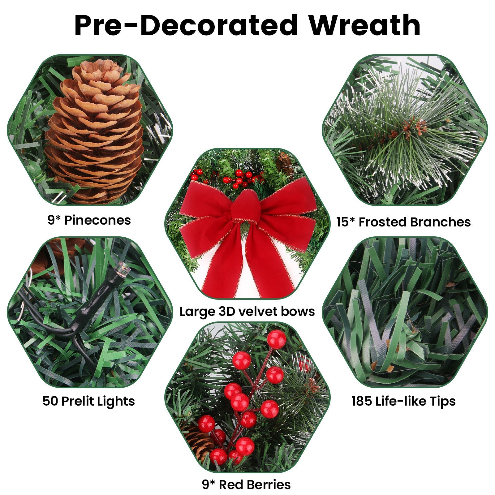 24" Prelit Christmas Wreath with LED Warm White Lights For Front Door Decoration 07FC0E-D4 - KOEEK