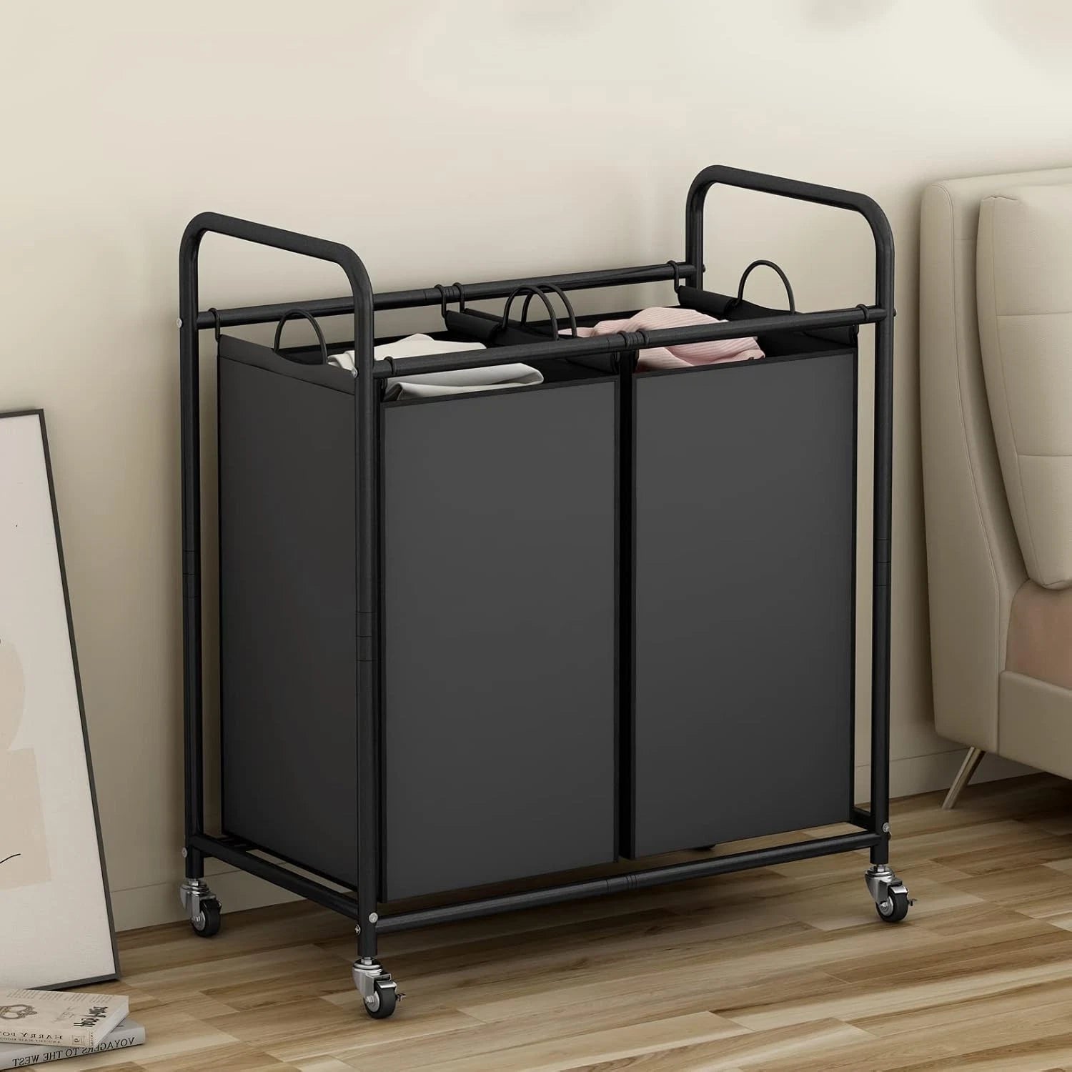 Laundry sorting basket 2-bag laundry basket trolley with rolling lock wheels 07FC0E-D4 - KOEEK