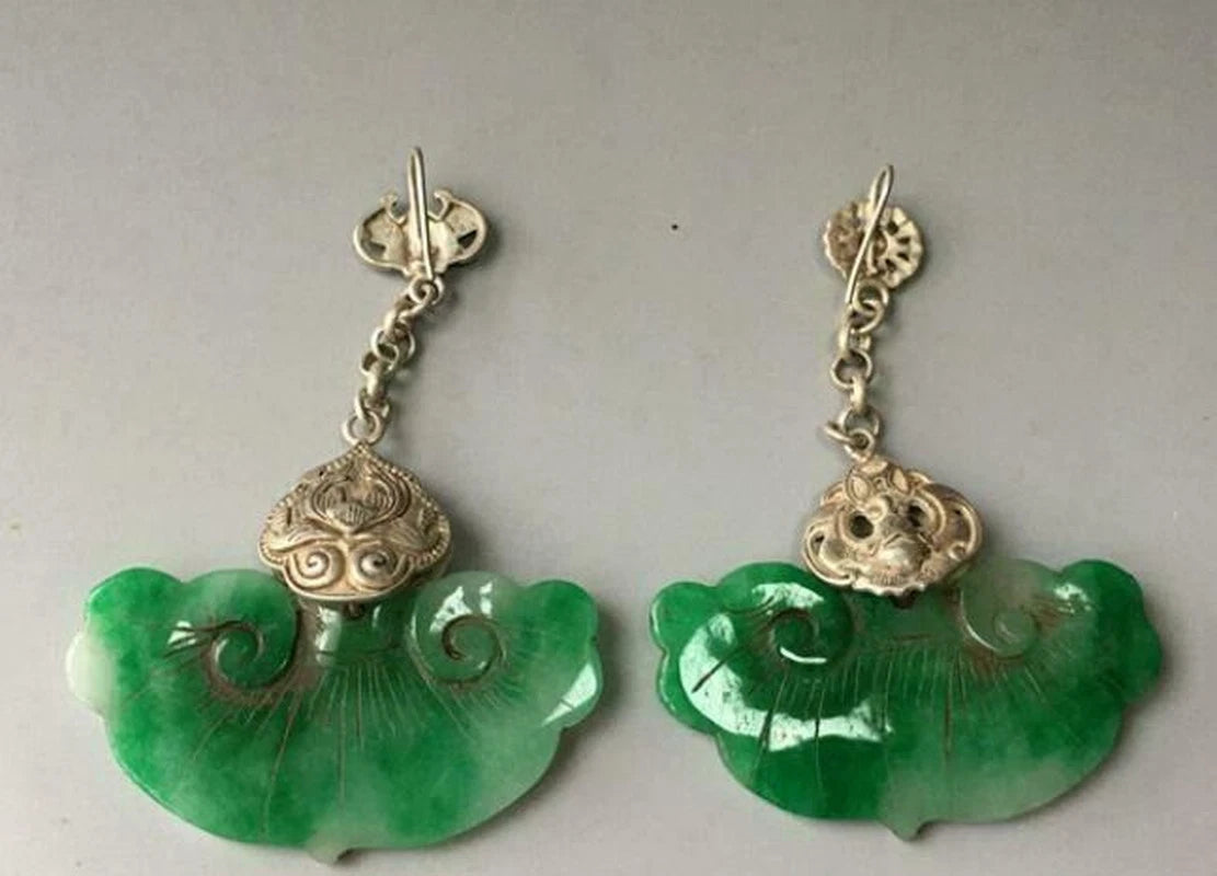 A Pair Chinese Antique Tibetan Silver Inlaid Lucky Natural Jewelry Jade Earrings 07FC0E-D4 - KOEEK