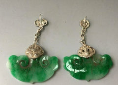 A Pair Chinese Antique Tibetan Silver Inlaid Lucky Natural Jewelry Jade Earrings 07FC0E-D4 - KOEEK