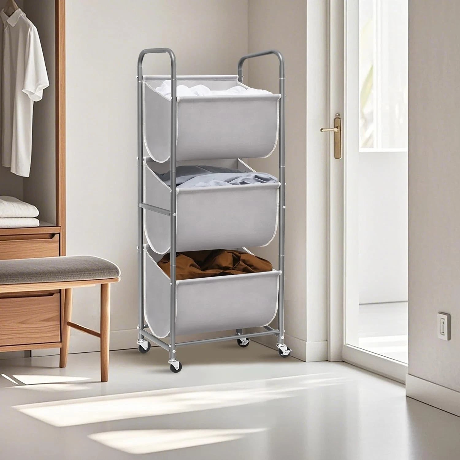 120-liter vertical rolling laundry basket with wheels and 2 brakes 07FC0E-D4 - KOEEK