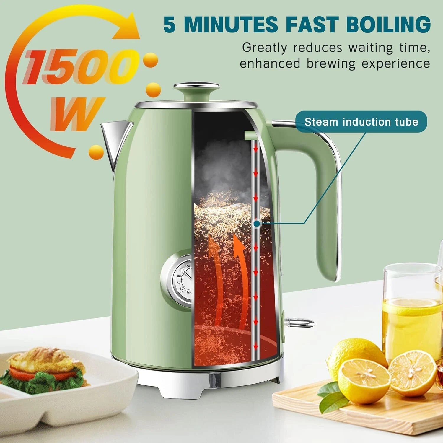 Electric Kettle - 57 oz Hot Tea Boiler with Thermometer, Vintage Green 07FC0E-D4 - KOEEK