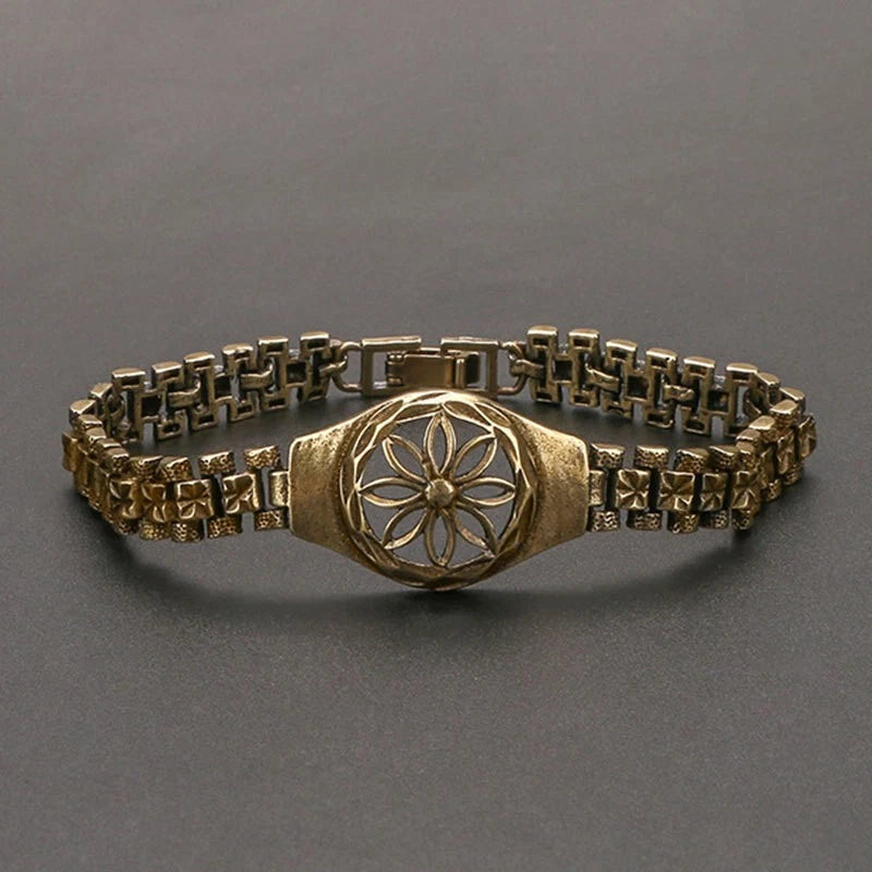 Floral Watch Chain Brass Bangle Men Women Vintage Copper Jewelry Bracelet 07FC0E-D4 - KOEEK