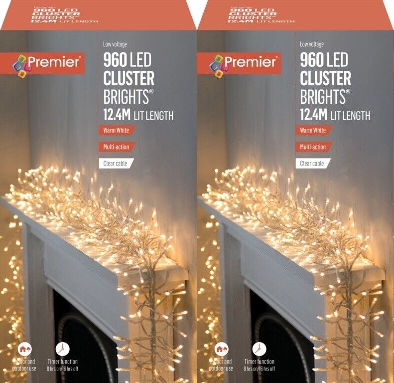 2x Premier 960 LED Cluster Action Christmas Tree Light Clear Cable WARM WHITE PREMIER - KOEEK