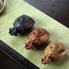 10cm Chinese Yixing Purple Clay Handmade Bat Money Bag Tea Pet Fengshui Ornament 07FC0E-D4 - KOEEK