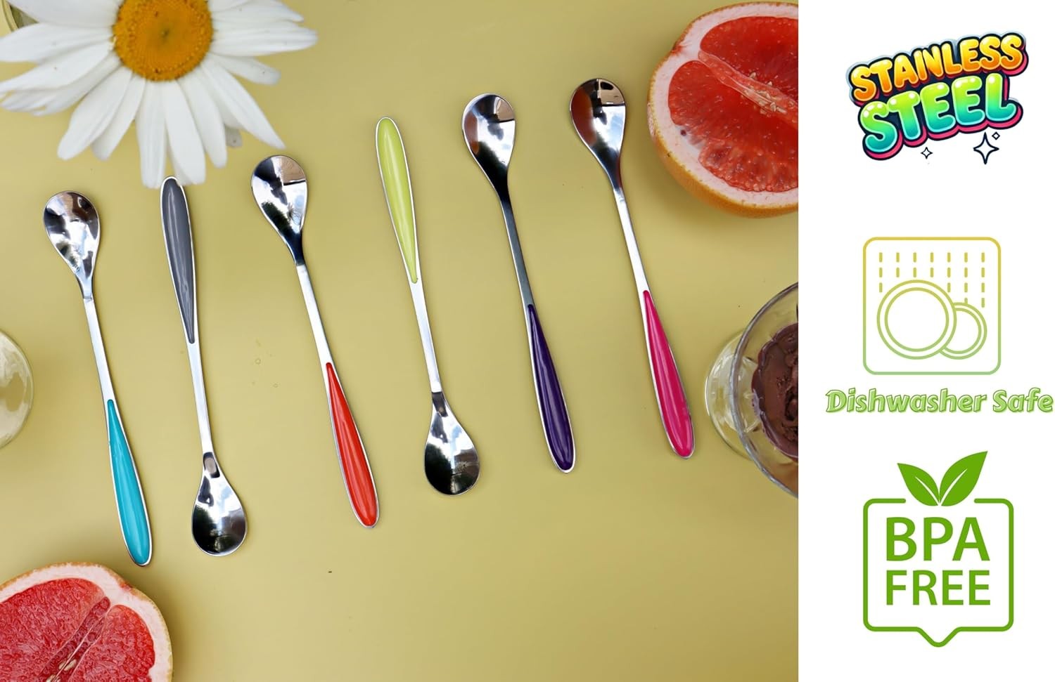 used Exzact Ice-cream Sundae Spoons 6pcs Stainless Steel Assorted Colours -