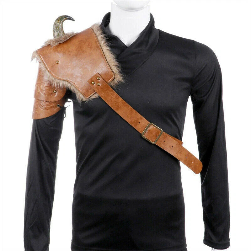 Men's Medieval Armor Shoulder Fur Viking PU Leather Armor w/Horn Halloween Prop 07FC0E-D4 - KOEEK