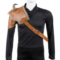 Men's Medieval Armor Shoulder Fur Viking PU Leather Armor w/Horn Halloween Prop 07FC0E-D4 - KOEEK