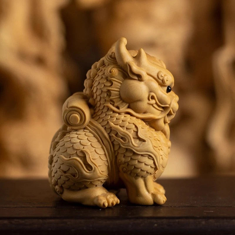 7cm Small Leaved Boxwood HandCarved Auspicious Beast Kylin tea pet Ornament 07FC0E-D4 - KOEEK
