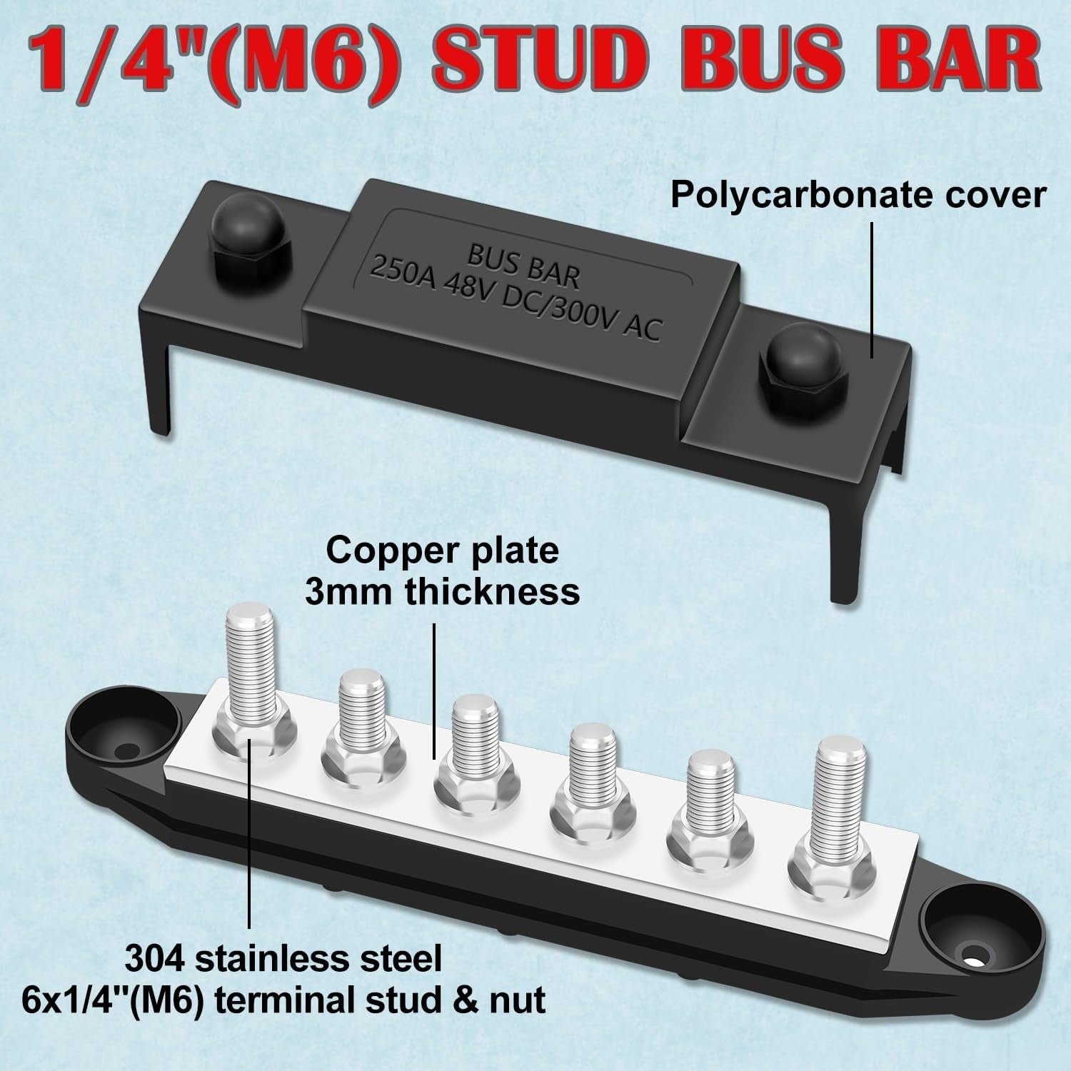 new 250A 12V Bus Bar Marine, Power Distribution Block, Battery Black, Red 07FC0E-D4 - KOEEK