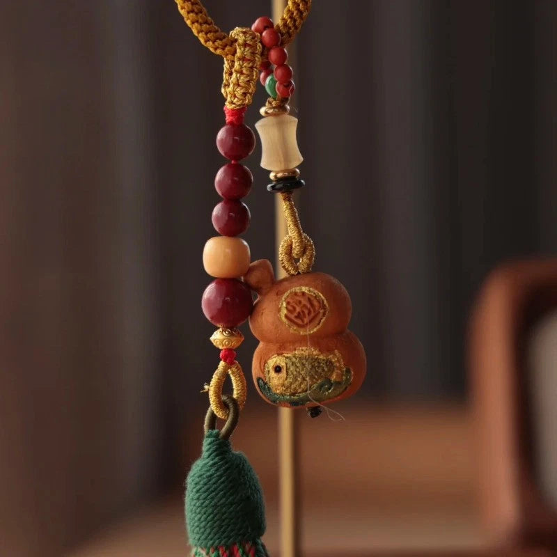 Peach Wood Handcarved Koi Gourd Keychain Buddha Bead Amulet Auspicious Pendant 07FC0E-D4 - KOEEK