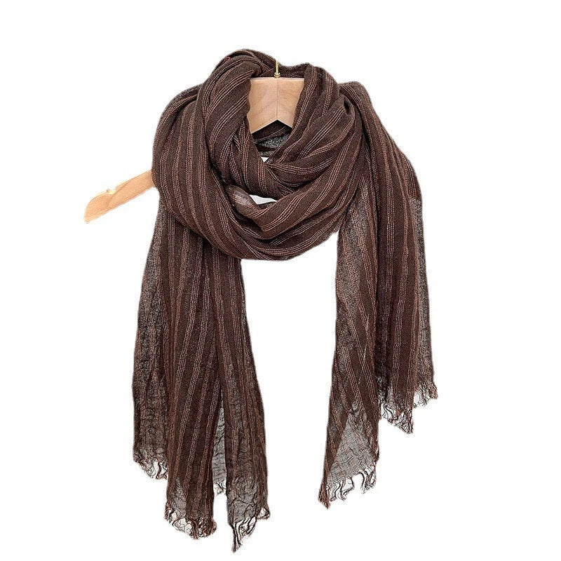 Mens Flax Linen Cotton Striped Breathable Brown Scarf Unisex Shawl Neckerchief 07FC0E-D4 - KOEEK