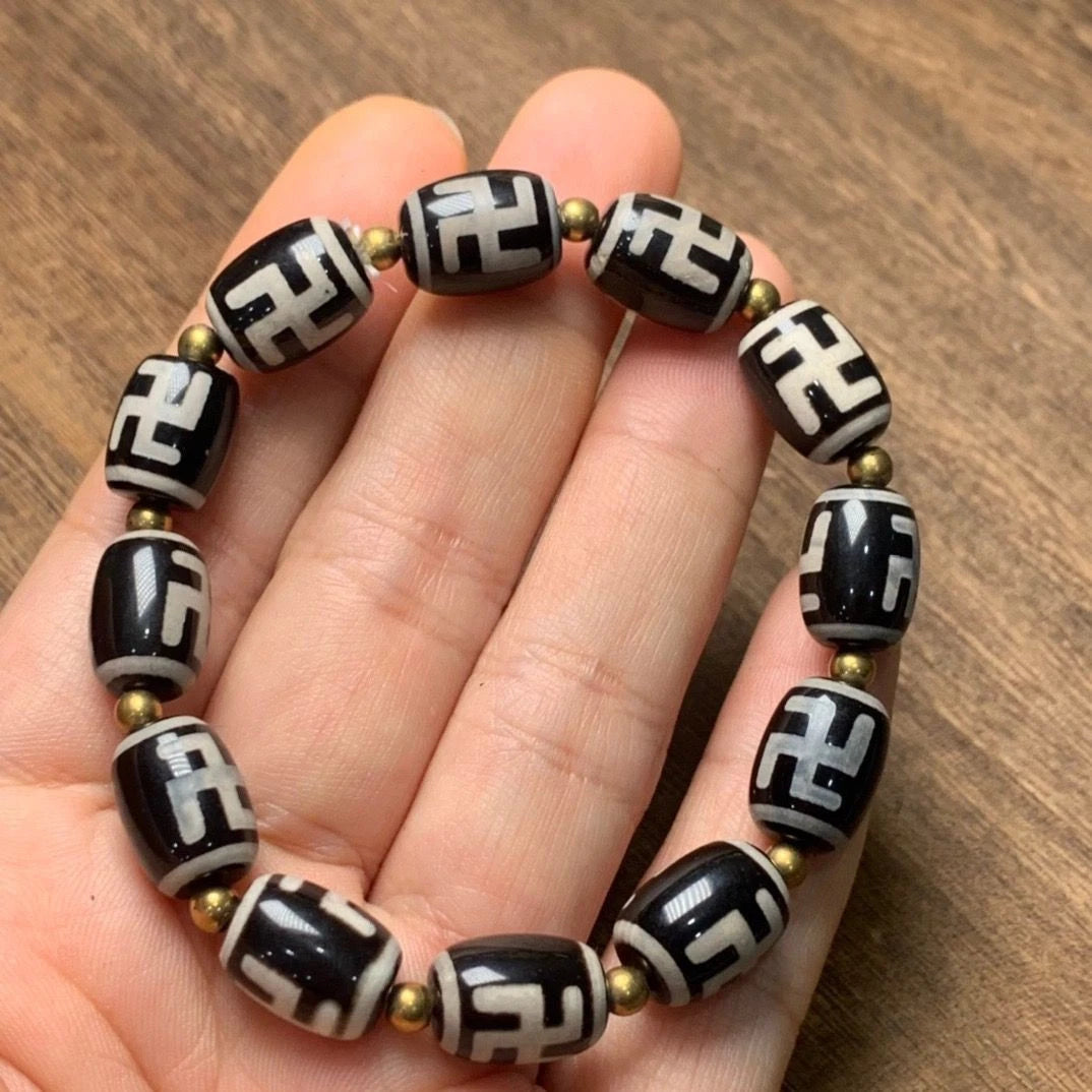 Tibetan Agate Dzi Beads Bracelet Swastik Swastika Buddhism Prayer Chain Amulet 07FC0E-D4 - KOEEK