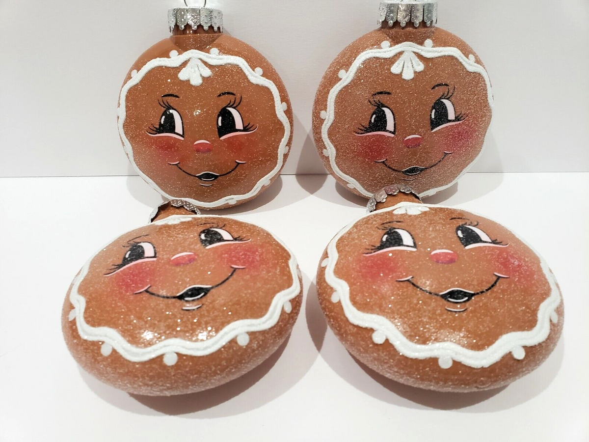 (4) Gingerbread Faces Glitter Plastic Christmas Tree Ornaments Home Decor 4.5" 07FC0E-D4 - KOEEK
