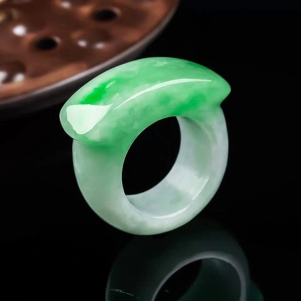 Natural Green Hetian Jade Saddle Ring Chinese Jadeite Amulet Fashion Charm 07FC0E-D4 - KOEEK