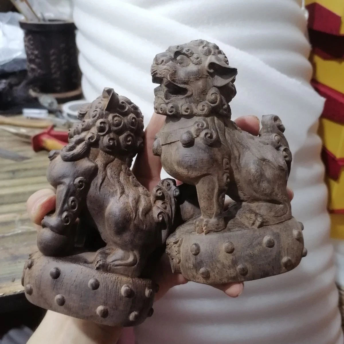 Agarwood Lion Pair Figurine Wood Carving Feng Shui Office Decor 9x14cm 07FC0E-D4 - KOEEK