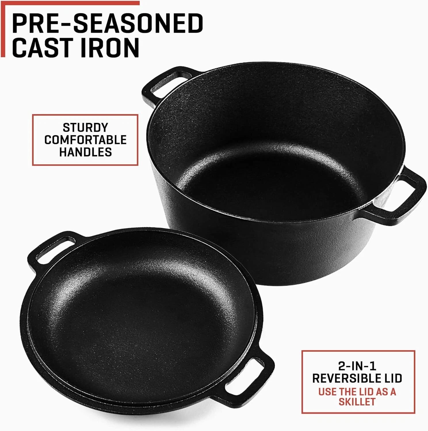 2 in 1 Large Cast Iron Dutch Crock - 5-Quart Dutch Crock with Lid 07FC0E-D4 - KOEEK