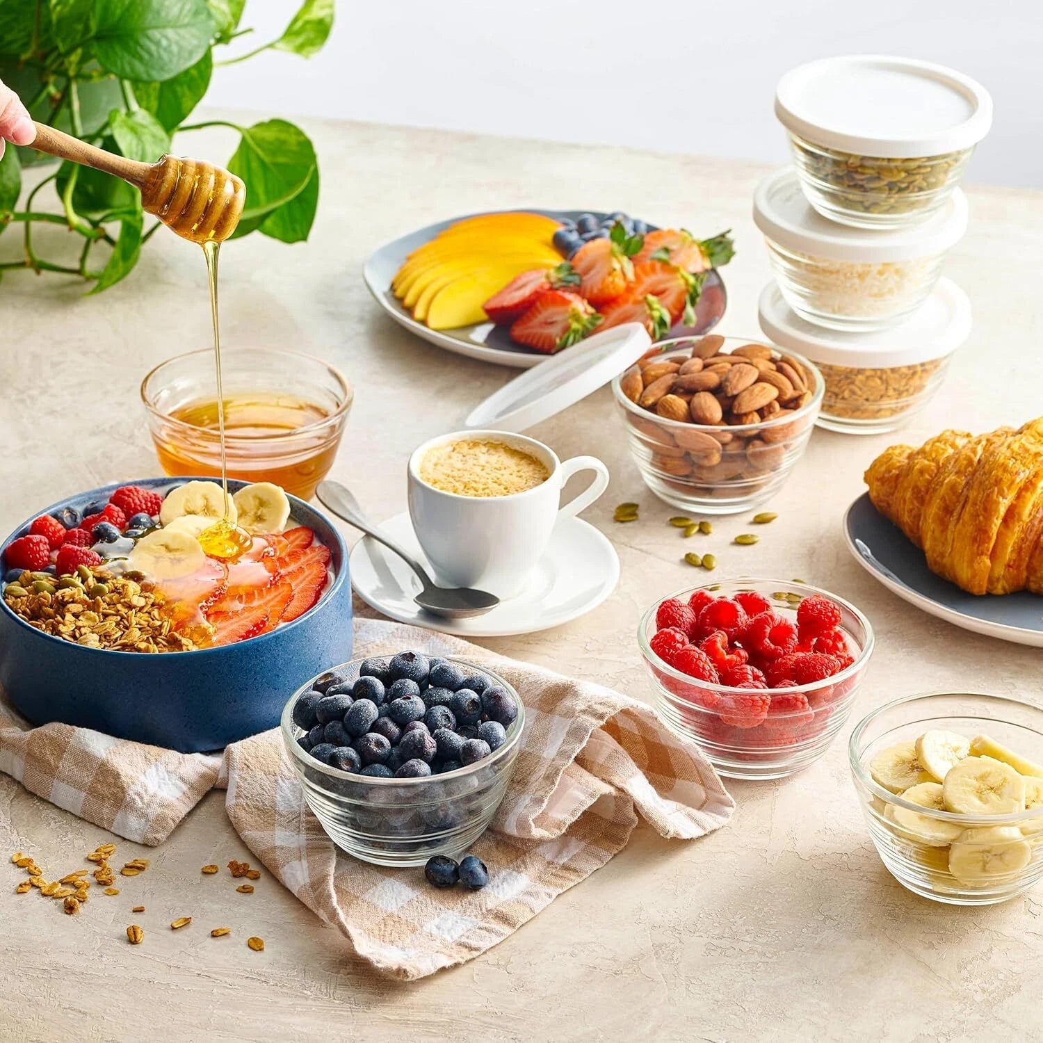 16pc Set of Small Glass Bowls with Airtight Lids - 8oz Stackable Custard Cups 07FC0E-D4 - KOEEK