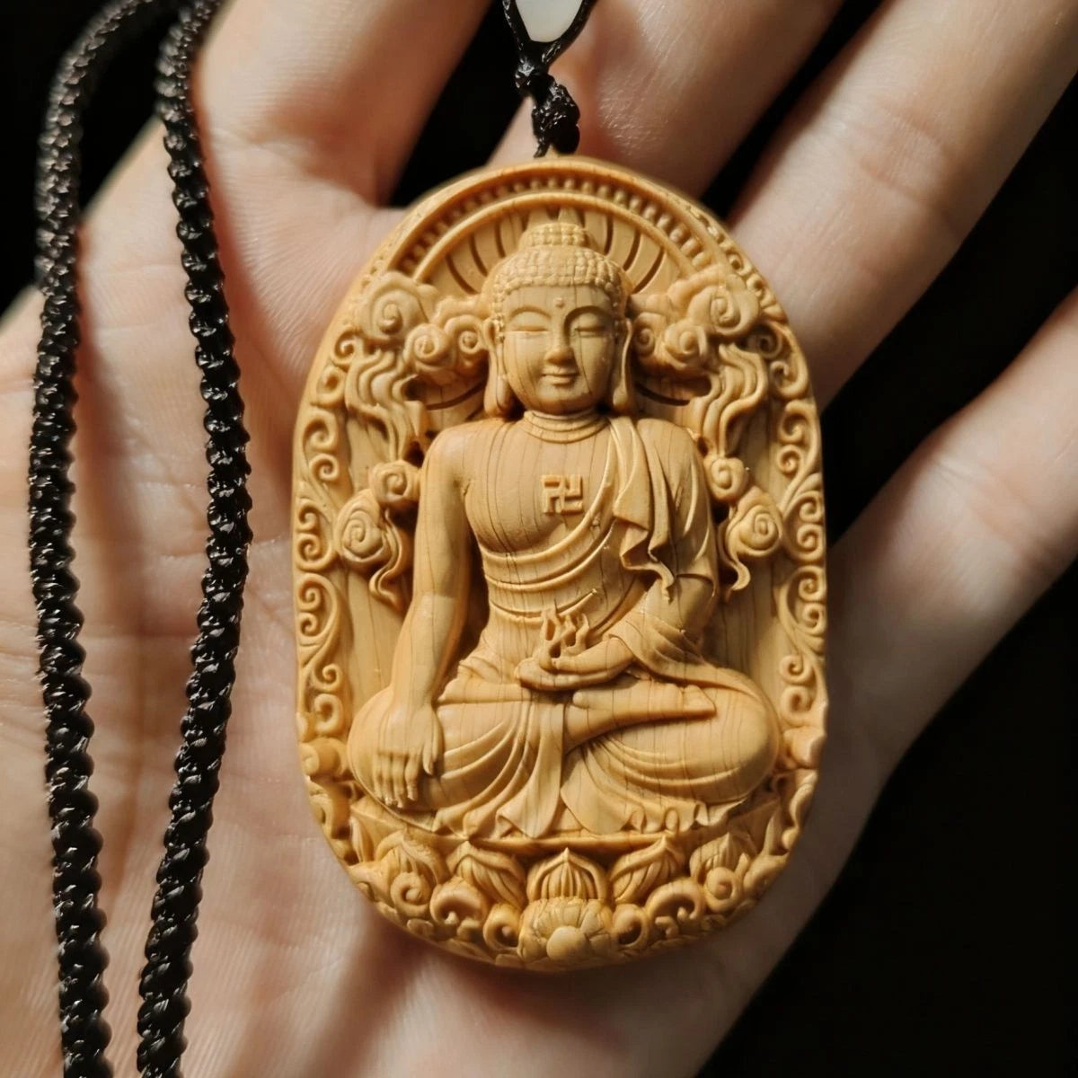Boxwood Dainichi Nyorai Carved Pendant Necklace 4x6cm 07FC0E-D4 - KOEEK