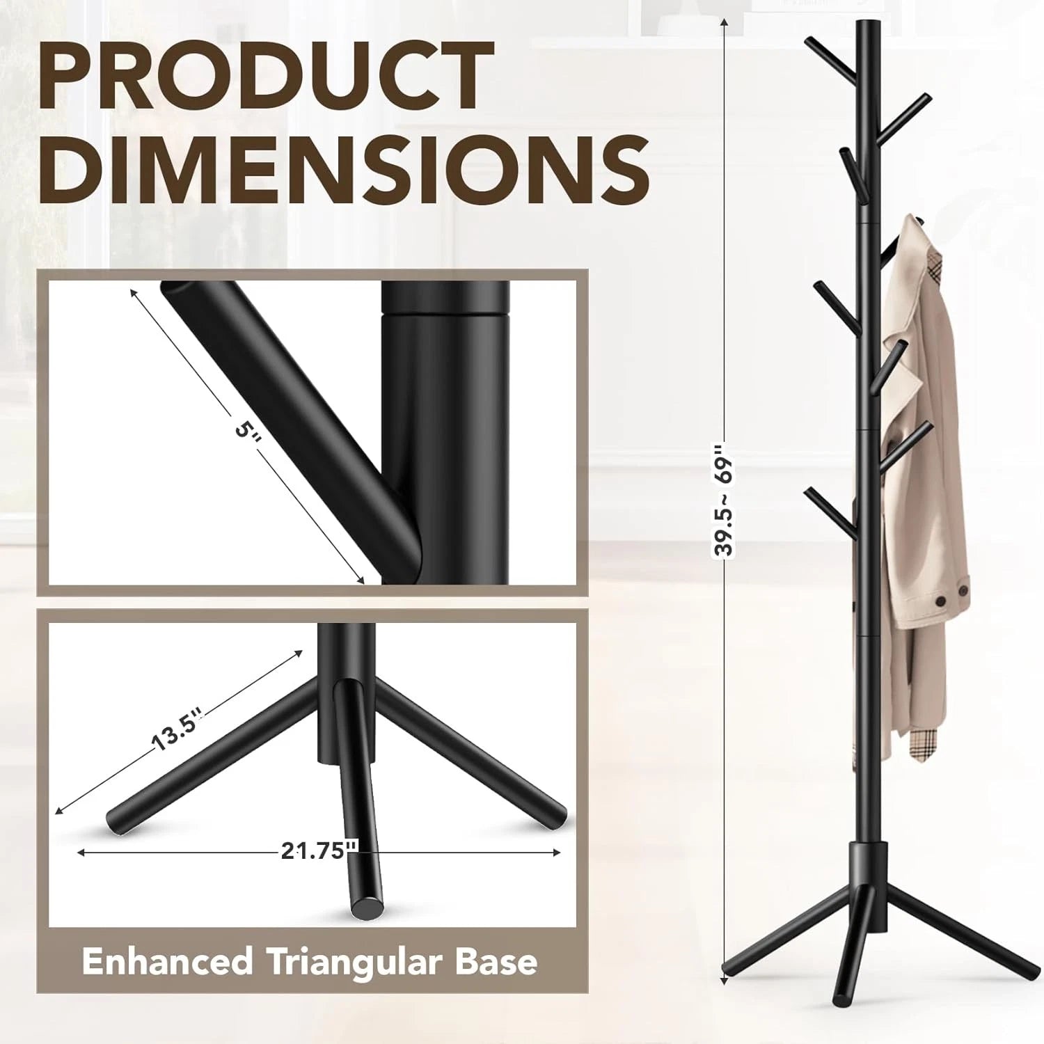 Wooden Tree Coat Rack Stand,Sturdy Freestanding Coat Rack with 8 Hooks 07FC0E-D4 - KOEEK