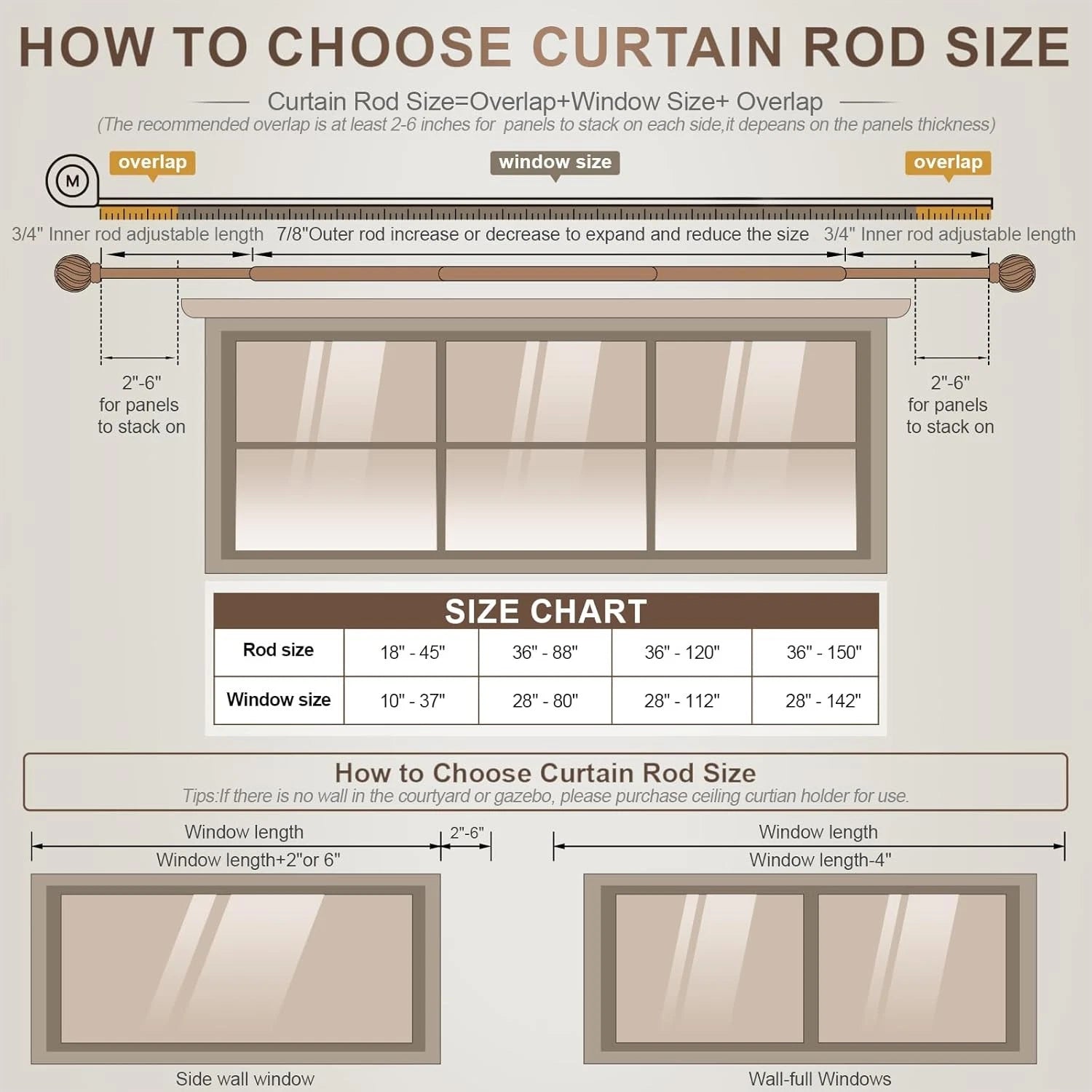 Brown curtain rod, suitable for windows ranging from 66 to 120 inches. 07FC0E-D4 - KOEEK
