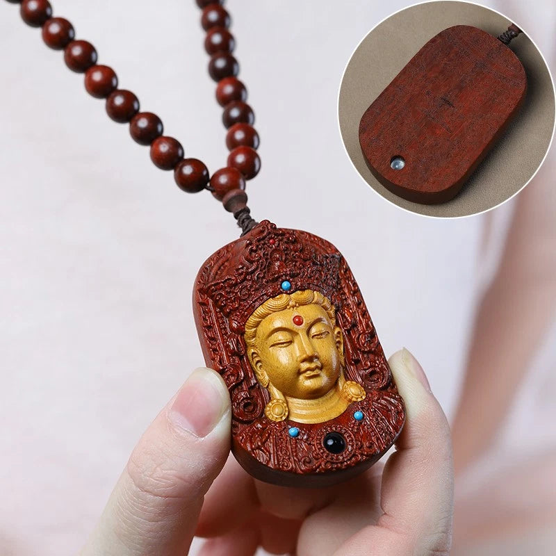 Sandalwood Handmade Carve Guanyin Bodhisattva Card Pendant Necklace Accessories 07FC0E-D4 - KOEEK
