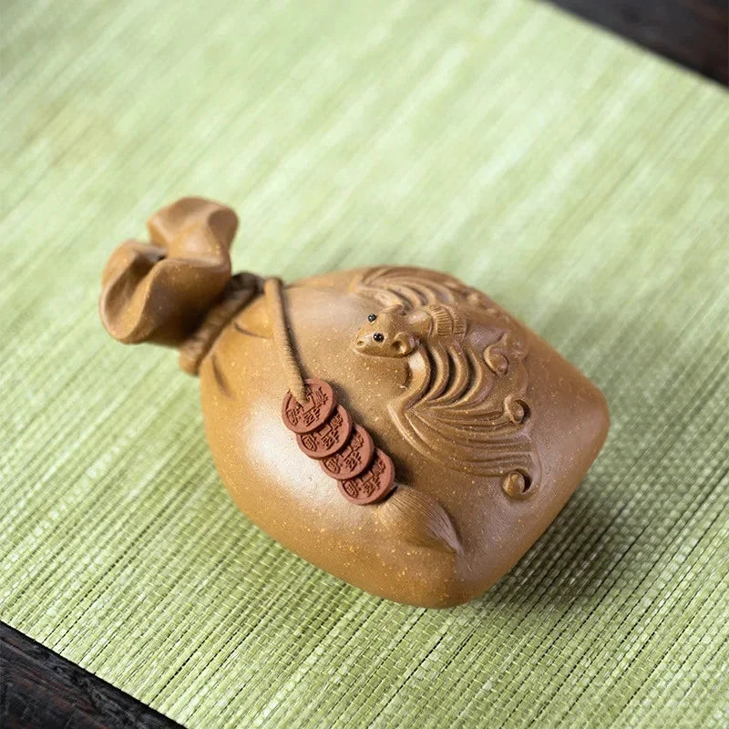 10cm Chinese Yixing Purple Clay Handmade Bat Money Bag Tea Pet Fengshui Ornament 07FC0E-D4 - KOEEK