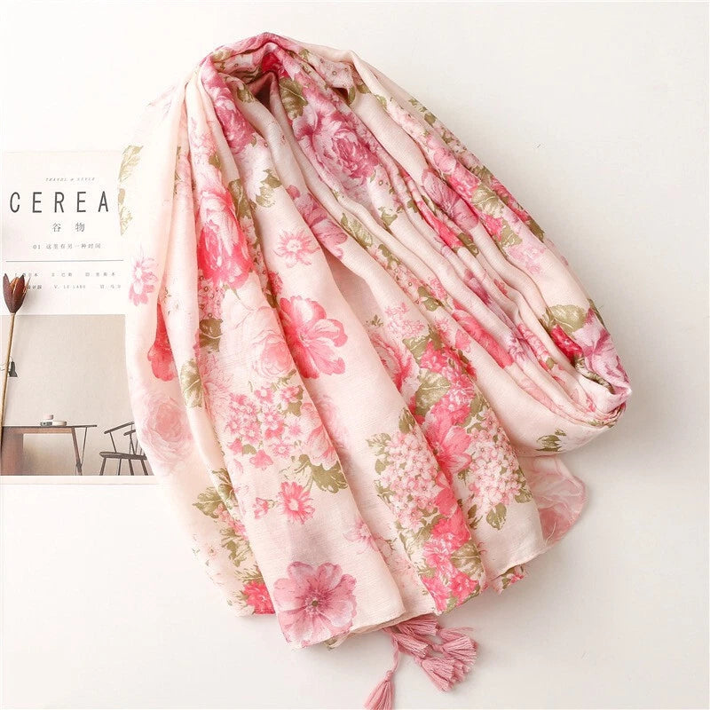 Womens Pink Floral Shawl Tassel Romantic Soft Flower Print Pashmina Wrap Scarf 07FC0E-D4 - KOEEK
