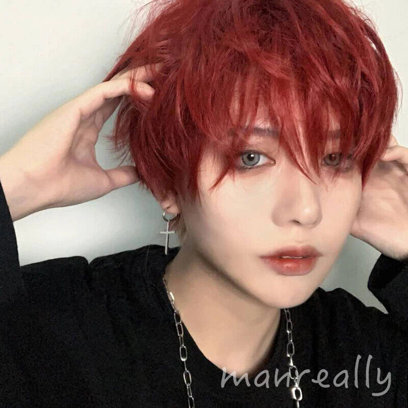 Daily Fluffy Men Short Hair Cosplay Kawaii Boys Full Wig Red Hairpiece Gift 07FC0E-D4 - KOEEK