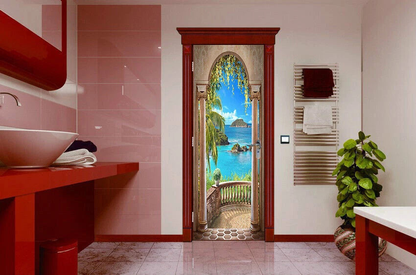 3D Arch Terrace Seascape Self Adhesive Mural Wall Bedroom Door Sticker Decor 07FC0E-D4 - KOEEK