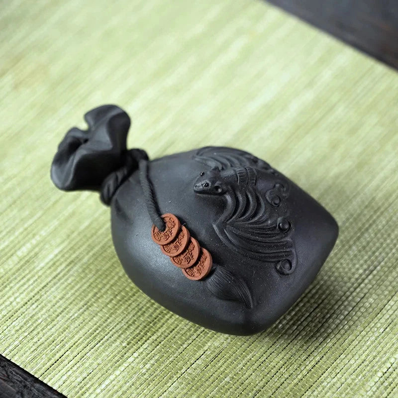 10cm Chinese Yixing Purple Clay Handmade Bat Money Bag Tea Pet Fengshui Ornament 07FC0E-D4 - KOEEK