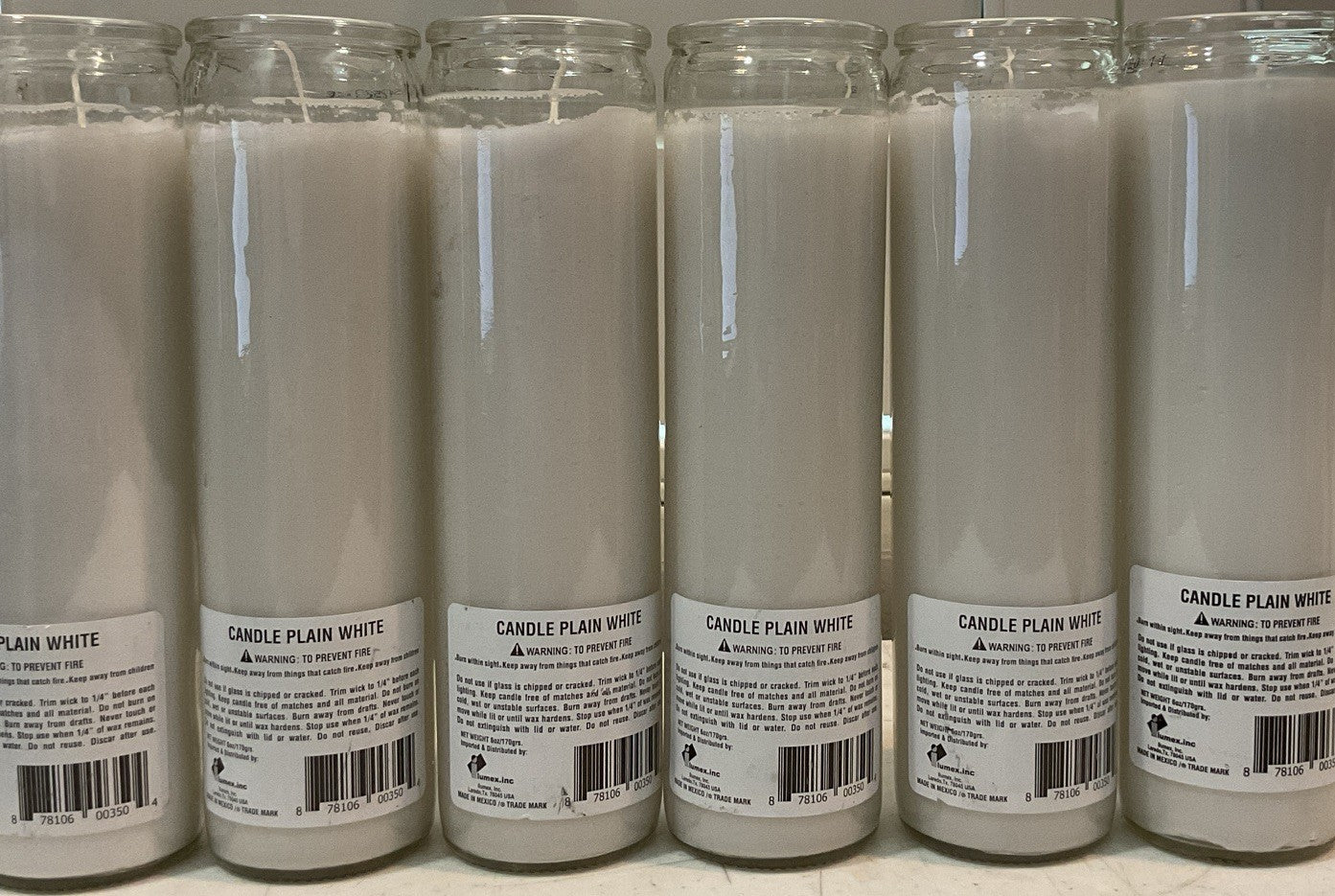 6  Candles White Prayer, Emergency Pillar Clear Glass 8” Unscented 80 hour WHITE - KOEEK